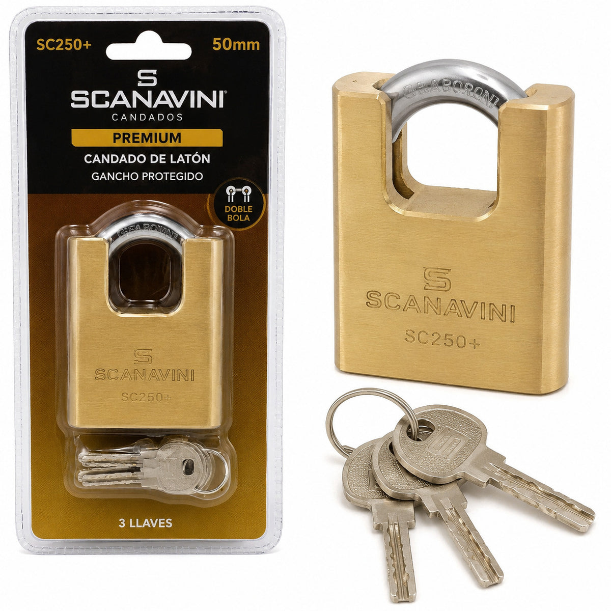 CANDADO LATON 50MM GANCHO PROTEGIDO 3 LLAVES SC250+ SCANAVINI