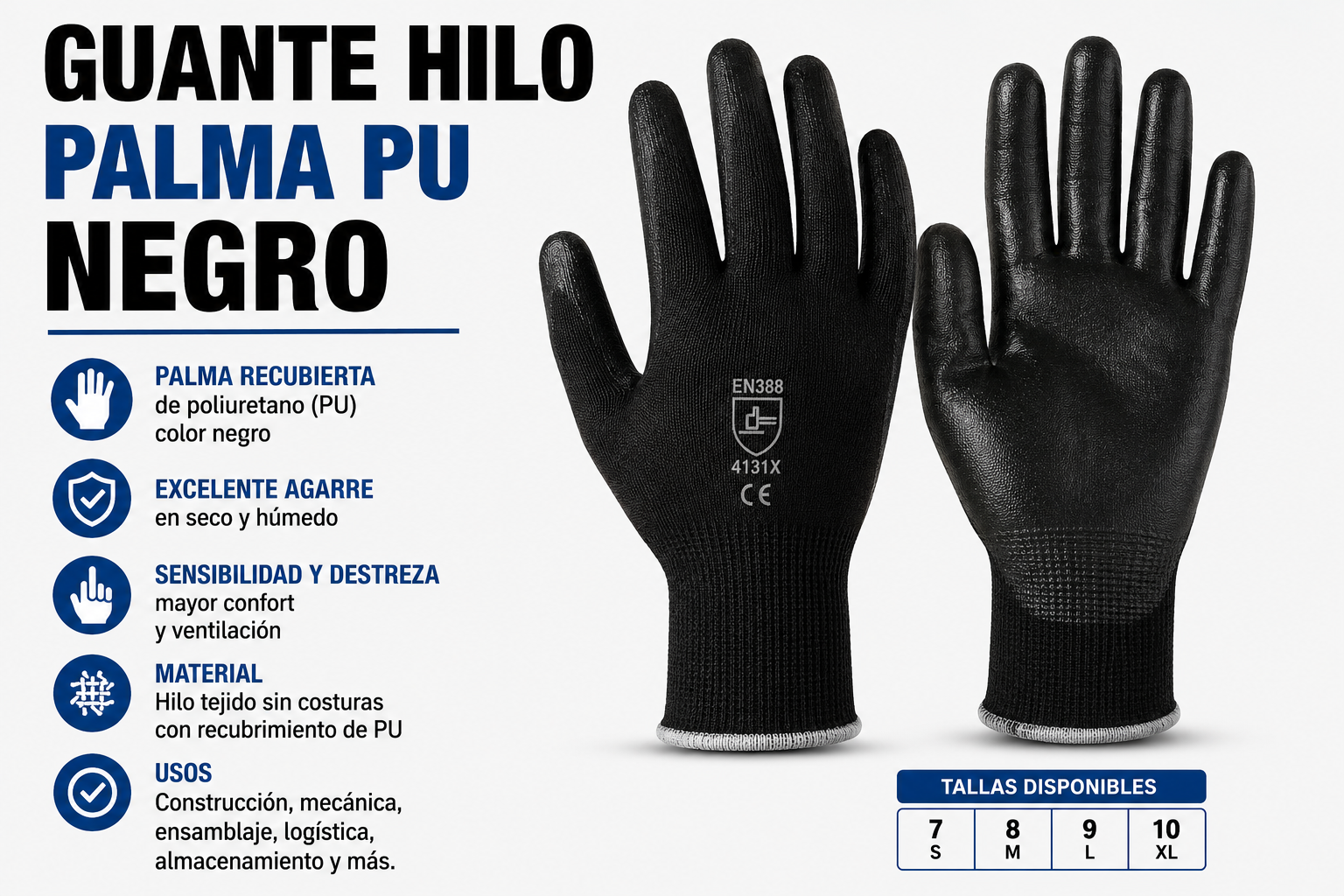 GUANTE HILO PALMA PU NEGRO