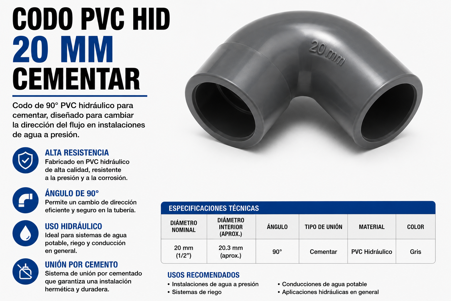 CODO PVC HID 20 MM CEMENTAR