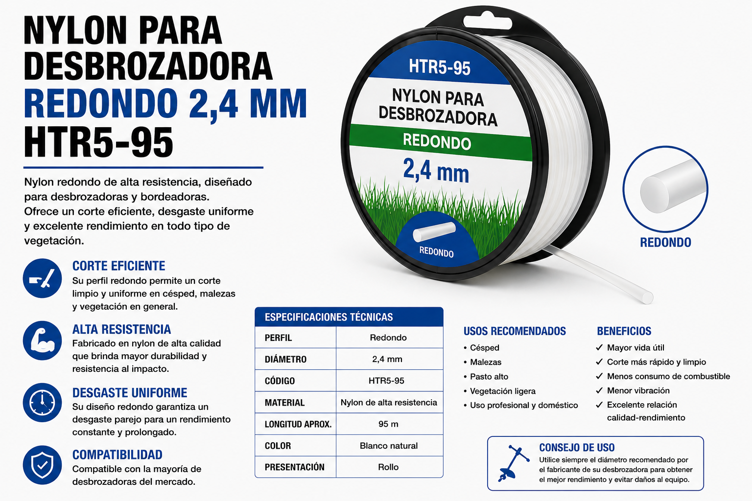 NYLON PARA DESBROZADORA REDONDO 2,4 HTR5-95 MM