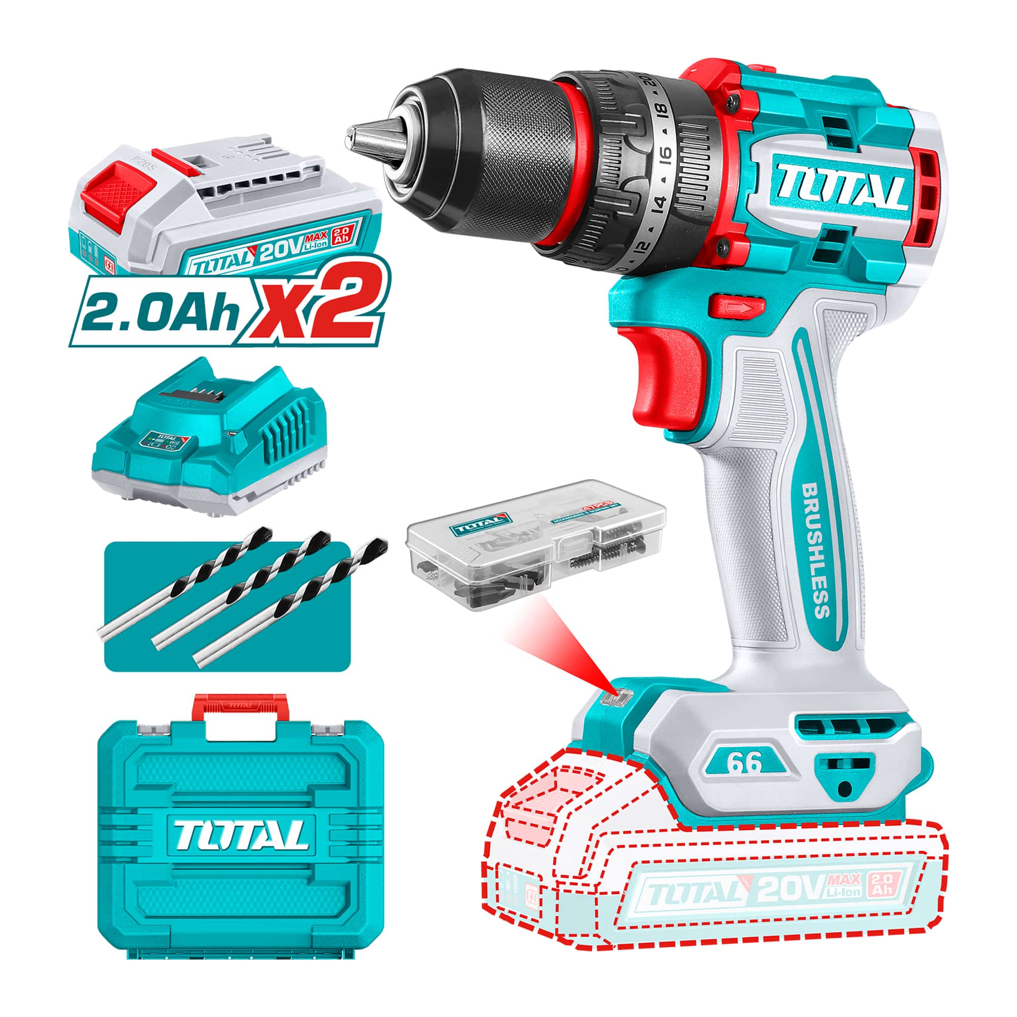 TALADRO PERCUTOR INALÁMBRICO TOTAL 13MM 66NM 20V 2 BATERÍAS + CARGADOR