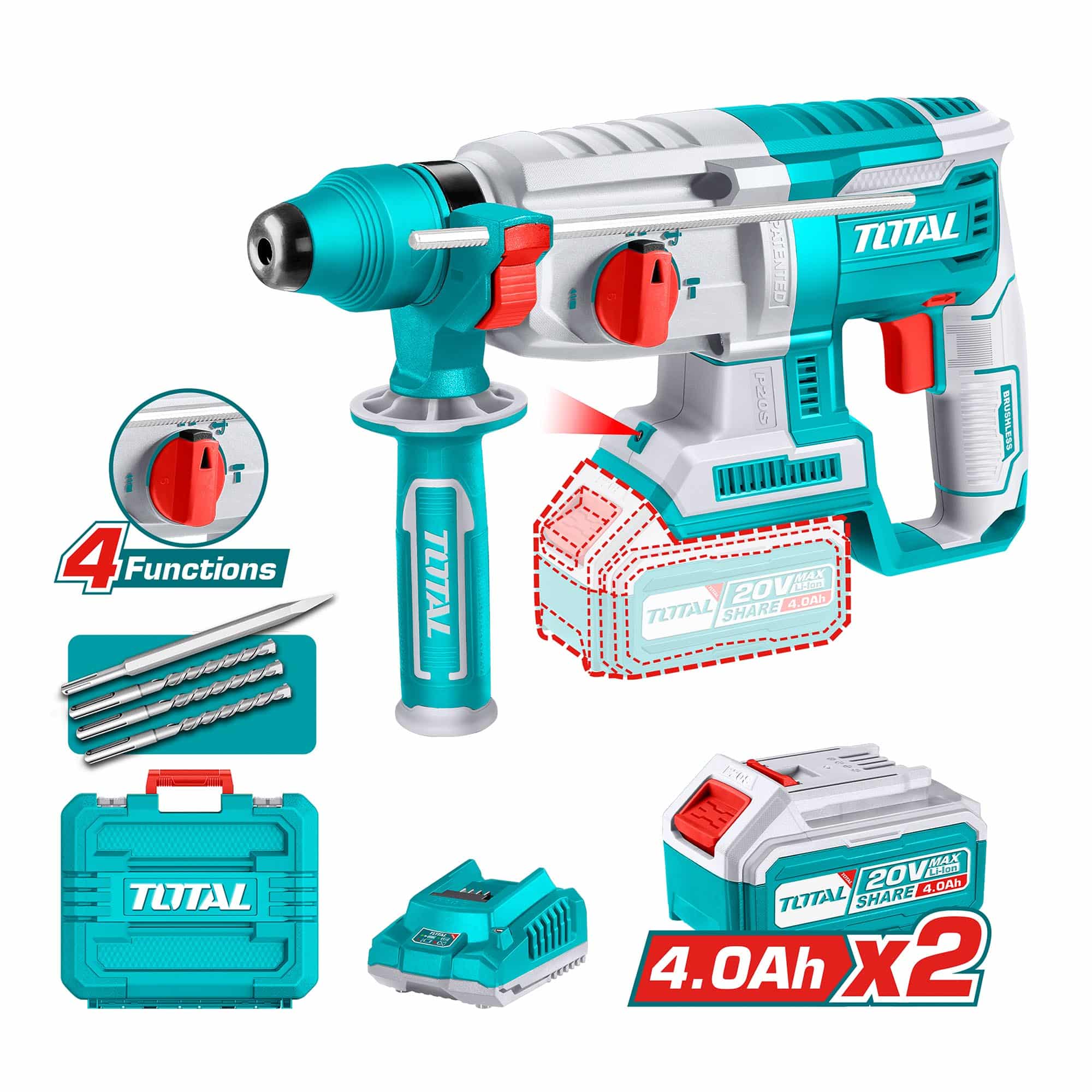 ROTOMARTILLO SDSPLUS INALAMBRICO TOTAL 20V 22MM 2 BAT 4AH TRHLI212282
